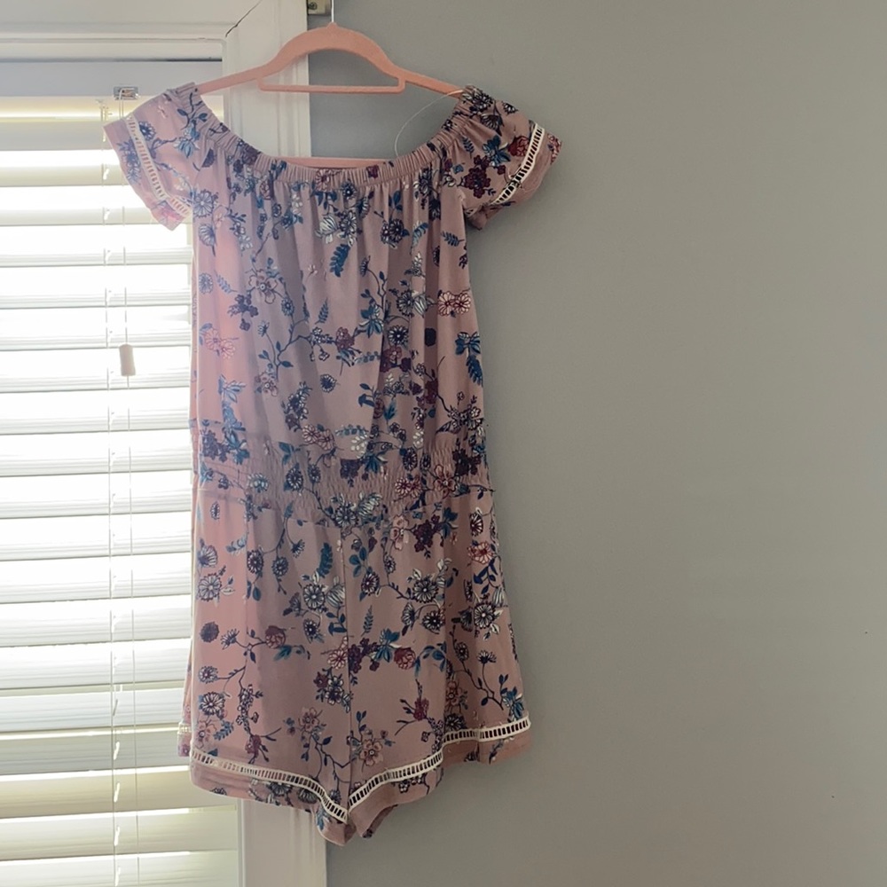 Purple floral off the shoulder romper. Never worn
